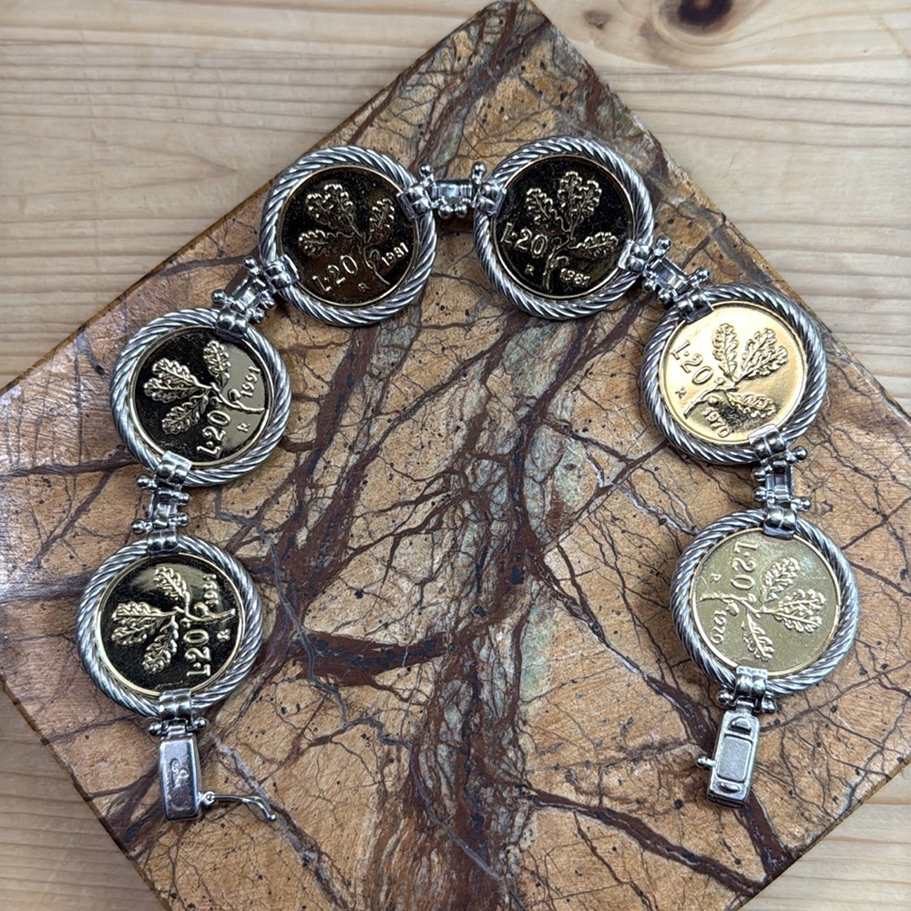 925 Sterling Silver 2-Tone Vintage 1981 Italy 20 Lire Bronzital Coin Bracelet - Picture 4 of 9
